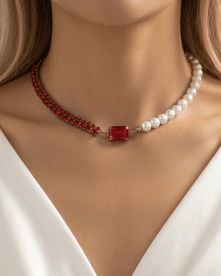 Christmas Red Zircon & Pearl Two-Tone Choker Necklace-W
