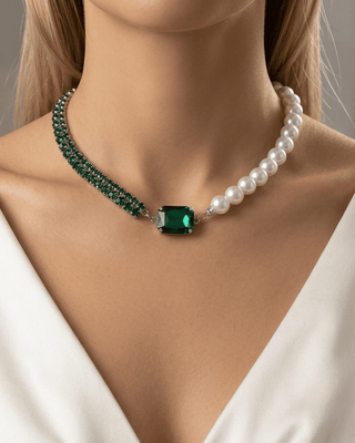 Christmas Green Zircon & Pearl Two-Tone Choker Necklace-W