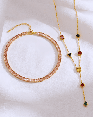 Pink Zircon Choker & Colorful Geometric Zircon Lariat Necklaces-W