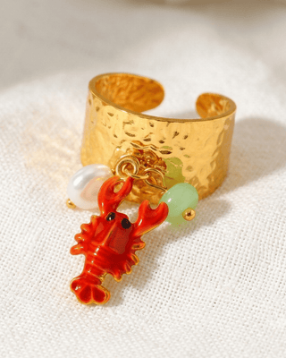 Summer Lobster Charm Gold Adjustable Cuff Ring-W