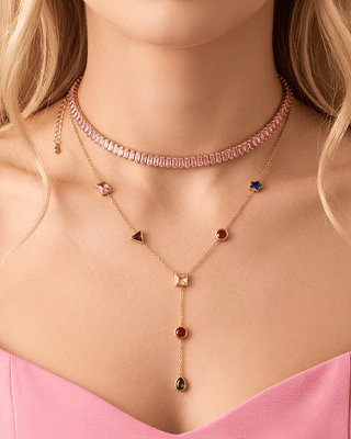 Pink Zircon Choker & Colorful Geometric Zircon Lariat Necklaces-W
