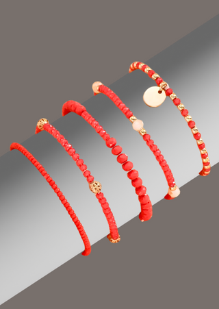 Beaded Bracelet Stack Set of 5(Red)-W