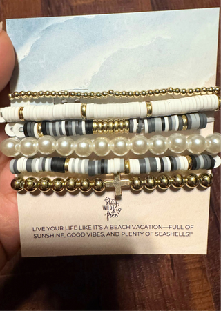 Golden Cross Grey Beaded Bracelets( Stack Of 6) on card-W