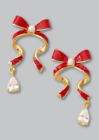 Bowknot Dangle Earrings with a Gemstone-W