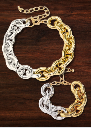 Set of Dual-Tone Chain Link Necklace and Bracelet (RTS)-W