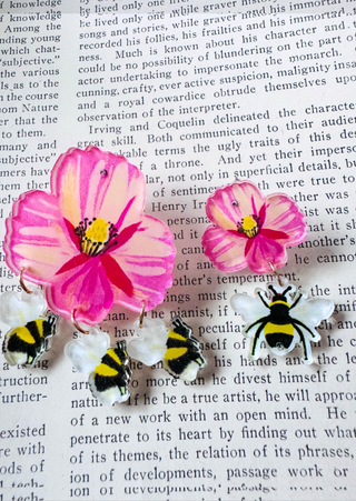 Pink flower Honey Bee Drop Earring-W RTS
