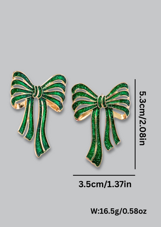Green Ribbon Stud Sparkly Earrings-W