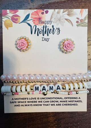 Set of Rose Pearl Stud with Mama Stack Bracelets(MOQ-3)-RTS-W