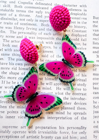 Pink Beaded Watermelon Butterfly Earring-W RTS