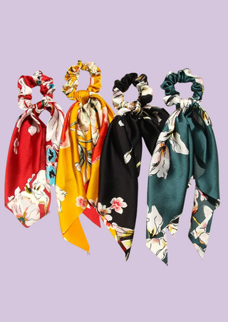 Fall Floral Multicolor Satin Hair Scarf Scrunchies  - (Set of 4) W (RTS)