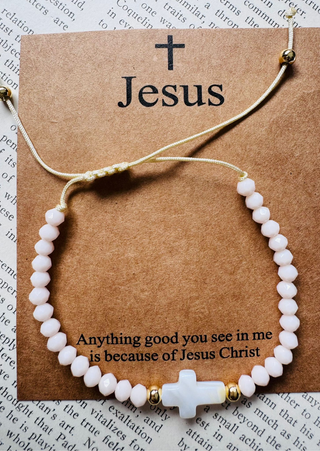 White Beaded Bracelet along with a Cross and Jesus card-W (RTS)