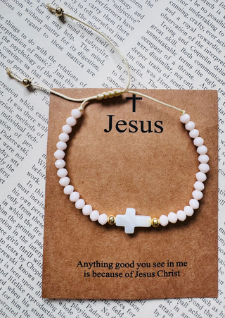 White Beaded Bracelet along with a Cross and Jesus card-W (RTS)