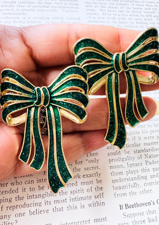 Green Ribbon Stud Sparkly Earrings-W