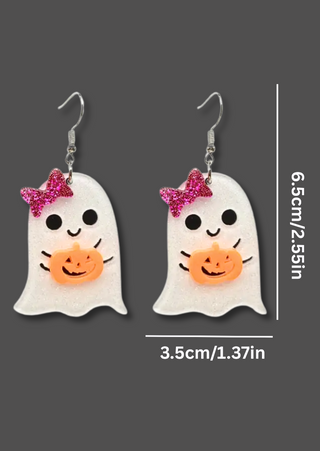 Pink Bow Ghost with a Little Pumpkin Earrings - W