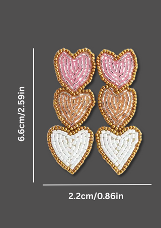 Valentine's Triple Love Beaded Heart Earrings (Light Pink)-W