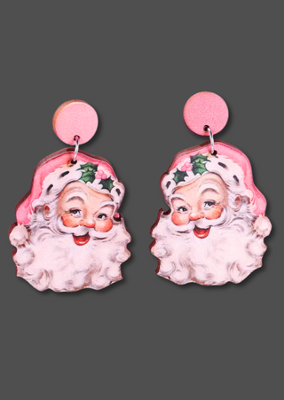 Wooden Santa Stud Earrings(Pink)-W