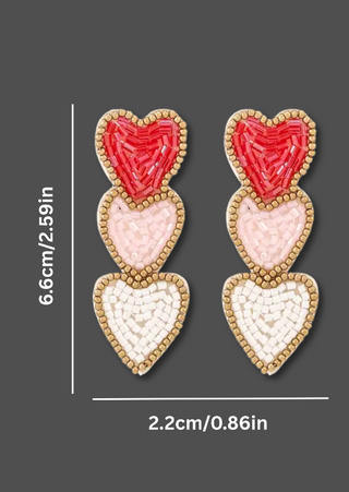 Triple Love Beaded Heart Earrings(Red)-W