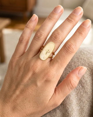 Faith Oval Cross 18K Gold Polychrome Statement Ring Size 8-W
