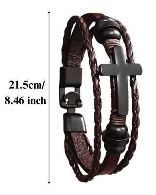 Men's Cross & Beads Braided Handmade Leather Bracelet-W