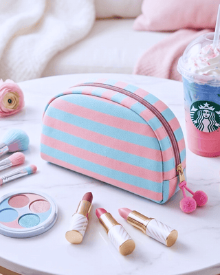 Striped Spill Proof Makeup Bag with Pom Pom Charm-W