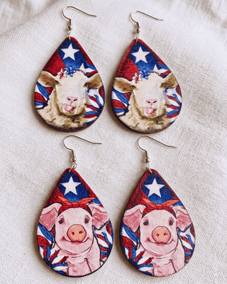 Patriotic Wooden Animal Teardrop Dangle Earring Set of 2-W
