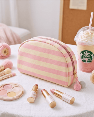 Striped Spill Proof Makeup Bag with Pom Pom Charm-W