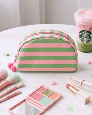 Striped Spill Proof Makeup Bag with Pom Pom Charm-W