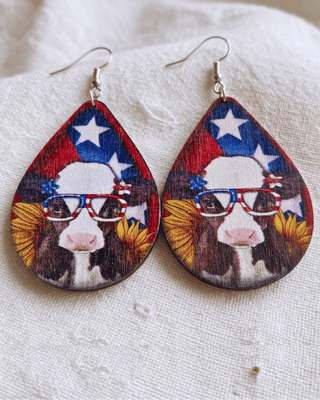 Patriotic Wooden Animal Teardrop Dangle Earring Set of 2-W