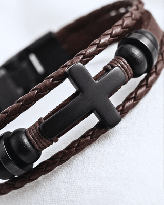 Men's Cross & Beads Braided Handmade Leather Bracelet-W