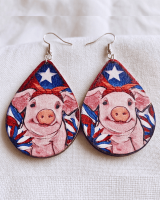Patriotic Wooden Animal Teardrop Dangle Earring Set of 2-W