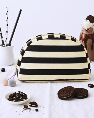 Striped Spill Proof Makeup Bag with Pom Pom Charm-W