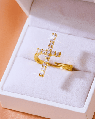 Faith 18K Gold Plated Adjustable Zirconia Cross Cuff Ring-W