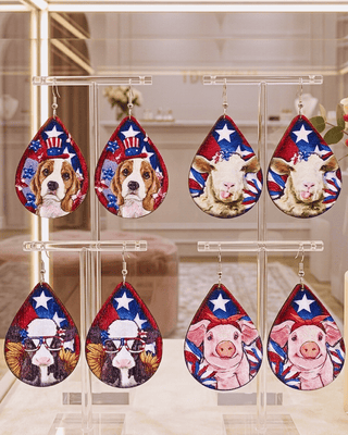 Patriotic Wooden Animal Teardrop Dangle Earring Set of 2-W