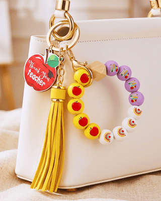 Teacher's Wooden Bead Lanyard, Tassel & Charm Keychain/Bag Charm Yellow-W