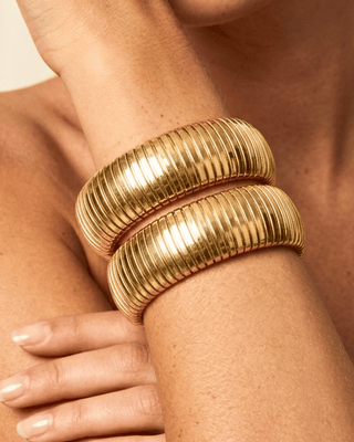 Wide Ribbed 18K Gold Plated Stackable Bracelet-W