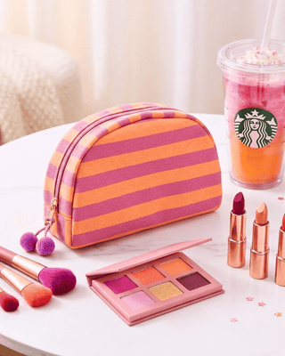 Striped Spill Proof Makeup Bag with Pom Pom Charm-W
