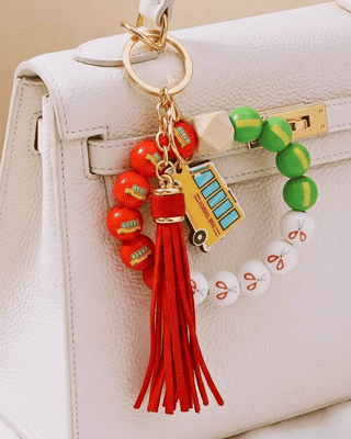 Teacher's Wooden Bead Lanyard, Tassel & Charm Keychain/Bag Charm Red-W