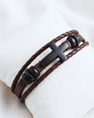 Men's Cross & Beads Braided Handmade Leather Bracelet-W