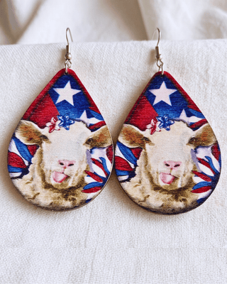 Patriotic Wooden Animal Teardrop Dangle Earring Set of 2-W
