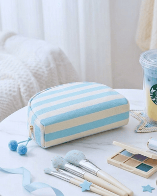 Striped Spill Proof Makeup Bag with Pom Pom Charm-W