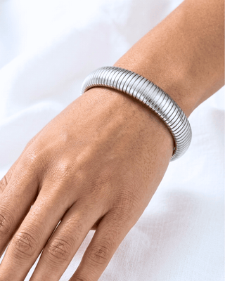 Stainless Steel Ribbed Wide Bracelet & Hoop With Dangle Earring Silver-W