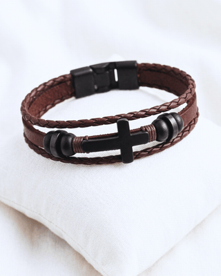 Men's Cross & Beads Braided Handmade Leather Bracelet-W