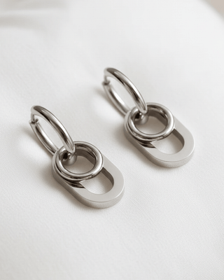 Stainless Steel Ribbed Wide Bracelet & Hoop With Dangle Earring Silver-W