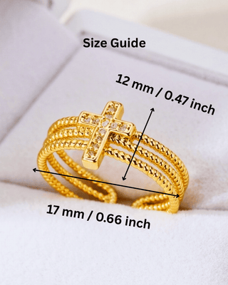 18K Gold-Plated Adjustable Zirconia Big Cross Ring-W (RTS)