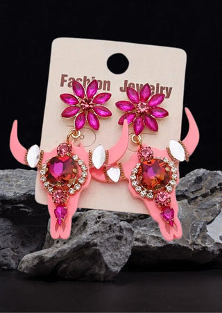 Western Bull Head Crystal Earring (Pink)