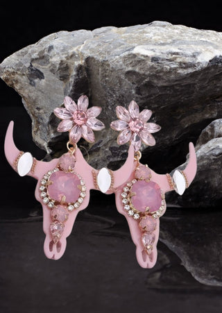 Western Bull Head Crystal Earring (Light Pink)-W