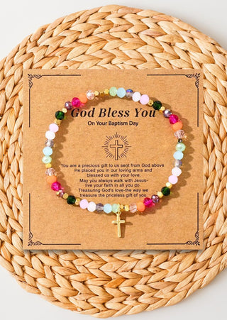 Baptism Card Cross Crystal Beads Stretchy Bracelet (RTS)-W