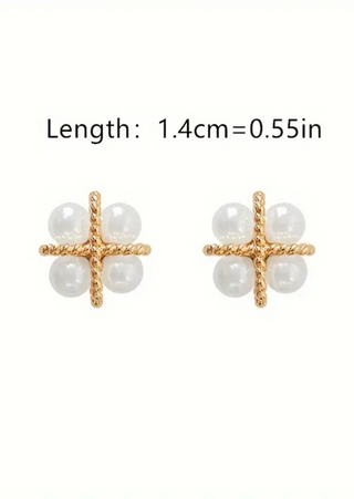 Pearl Cross Square Stud Earrings-W