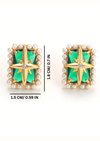 18k Gold Plated Emerald Zirconia Stud with Pearls-W