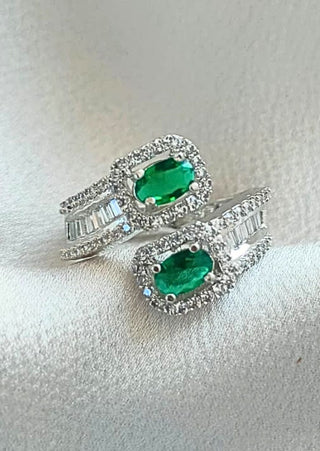 Silver-Plated Emerald Stone Earring With Adjustable Finger Ring Set